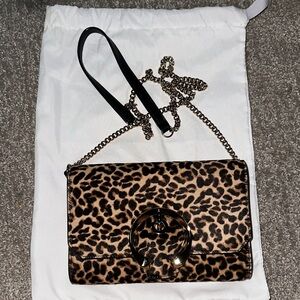 Jimmy Choo Leopard Print Crossbody Bag in Brown and Black with Gold Hardware